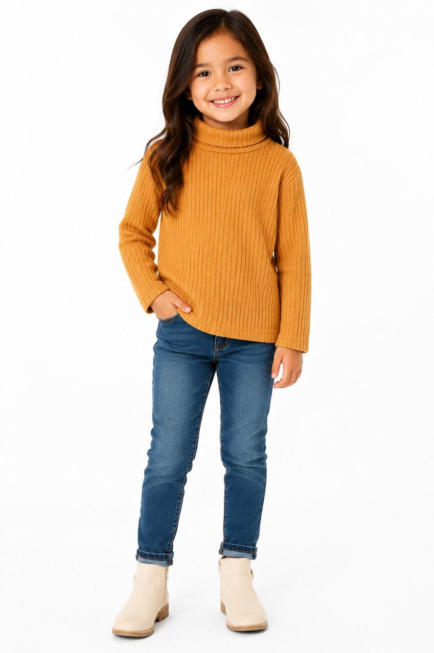 Girls Mustard Ribbed Turtleneck Sweater Size 5-6Y Long Sleeve Knit Top